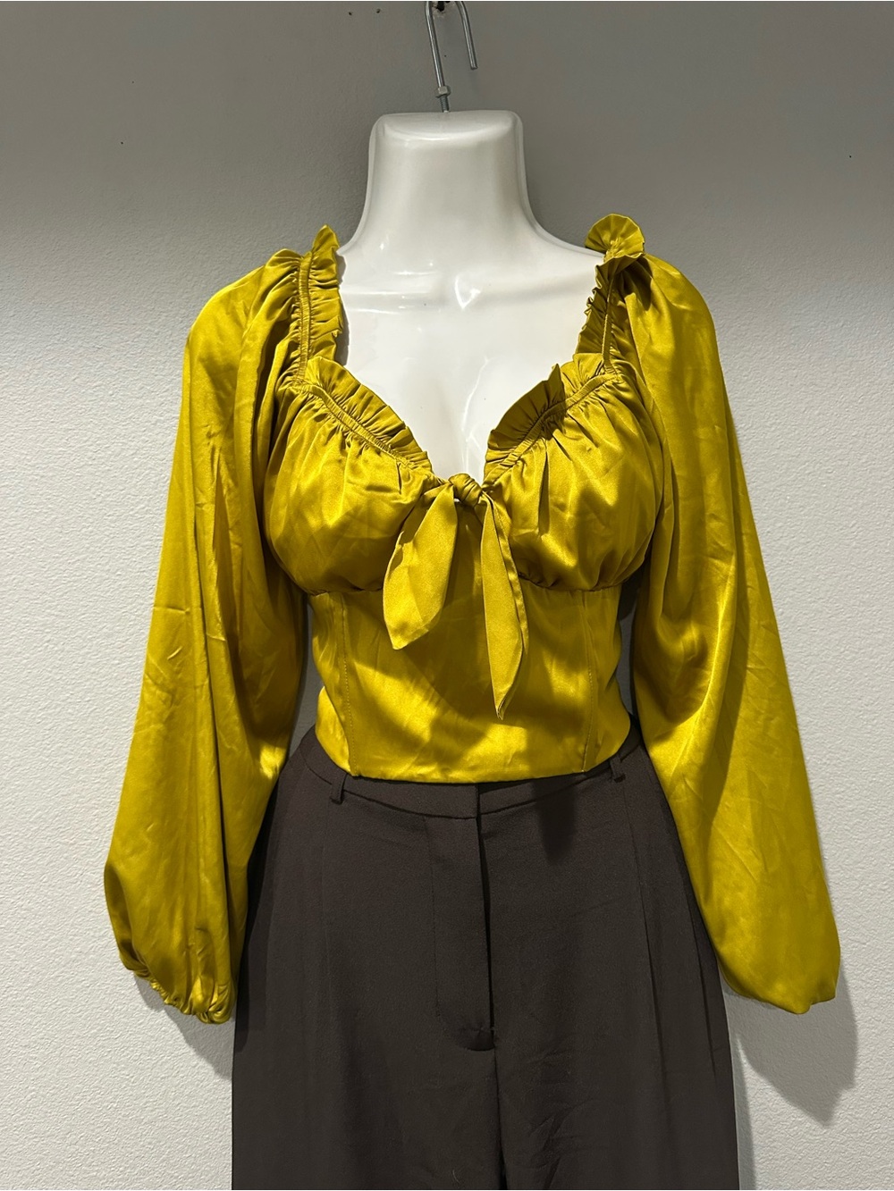 Lily White Mustard Satin Tie-Front Peasant Blouse